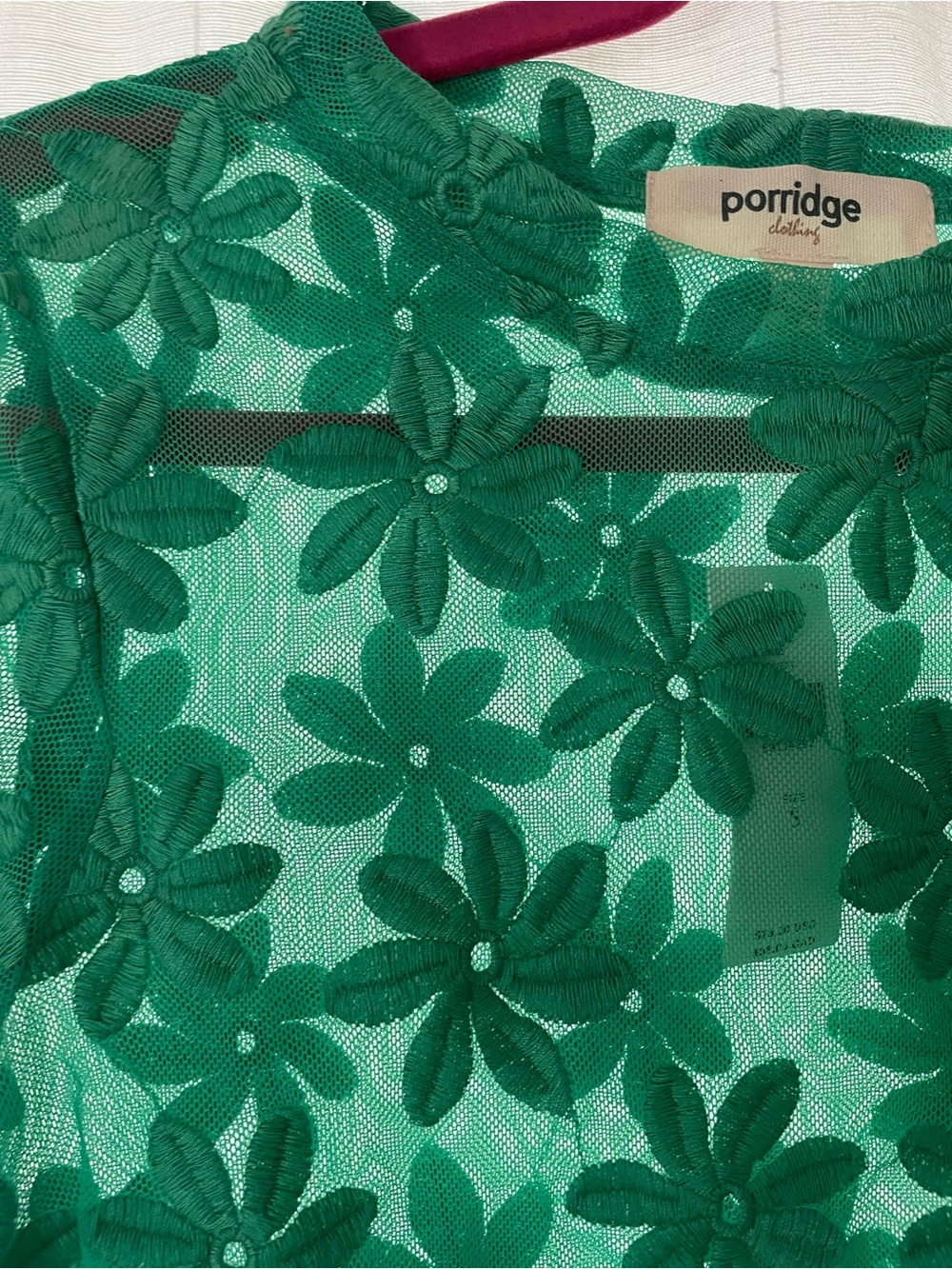 Anthropologie porridge Daisy Emerald Green Floral lace Mesh sheer Top 70s NWT